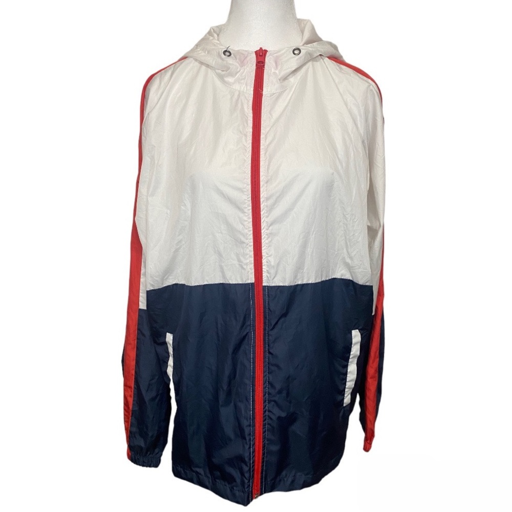 Beautiful Giant Red, White, & Blue Lightweight Hooded Rain Jacket Women’s Medium